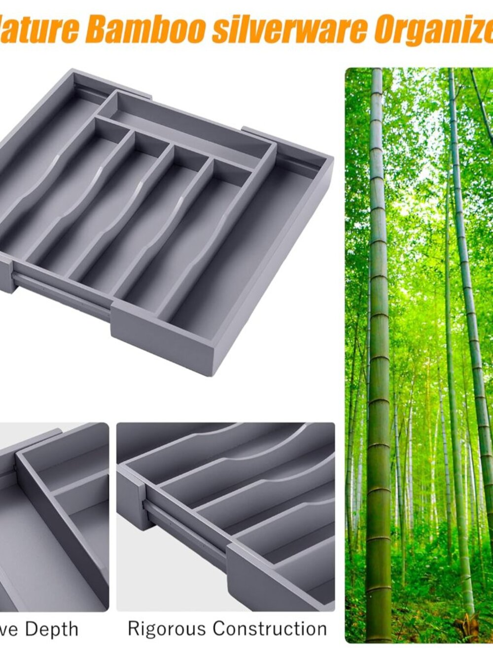 Kitchen Silverware Drawer Organizer and Storage Bamboo Wood Cooking Utensil Hold - Picture 5 of 8